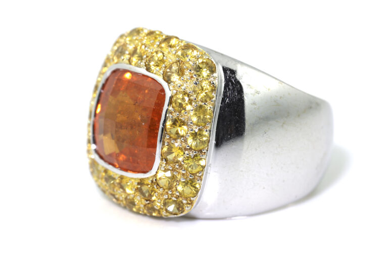 Spessartite Garnet & Yellow Sapphire Ring 18ct white gold Size N