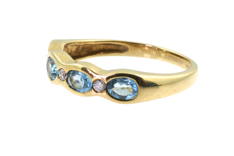 Blue Topaz & Diamond 7 Stone Ring 9ct yellow gold Size M