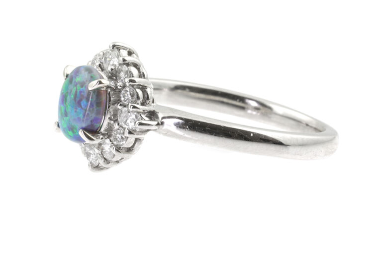 Black Opal & Diamond Cluster Ring in Platinum Size K
