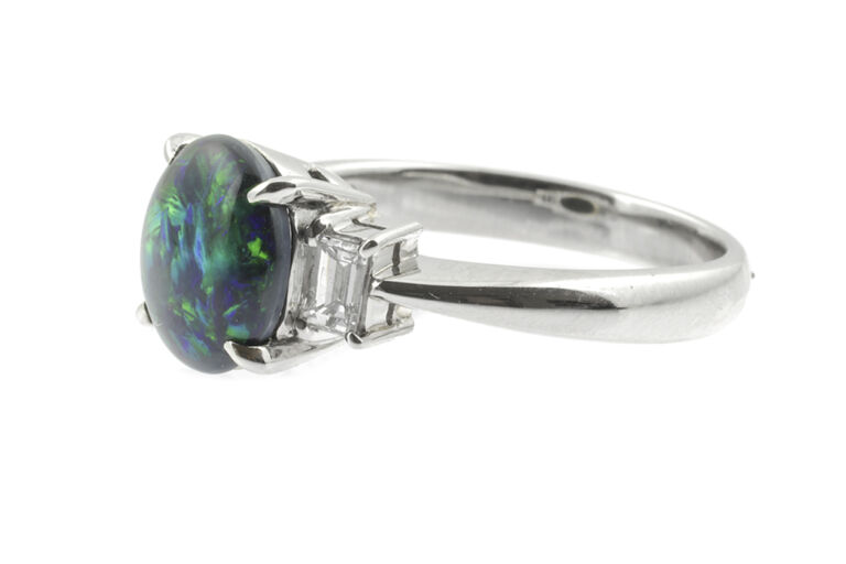 Black Opal & Diamond 3 Stone Ring in Platinum size N