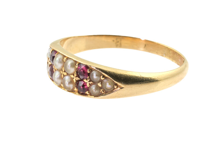 Ruby & Split Pearl Band Ring 18ct gold Size P
