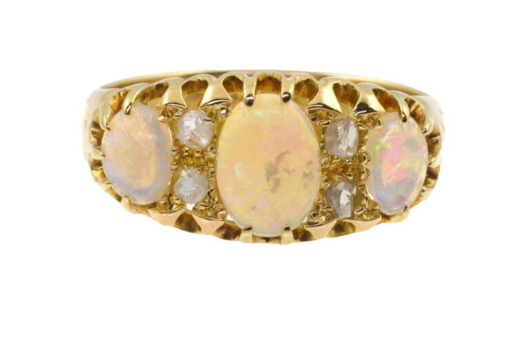 Antique Opal & Diamond 7 Stone Ring 18ct yellow gold Size L