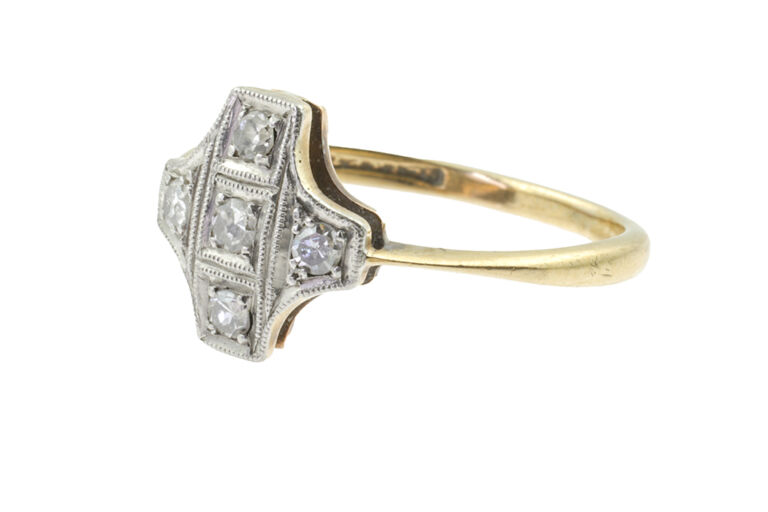 Pre-owned Art Deco Diamond 5 Stone Quatrefoil Ring 18ct gold & platinum Size L