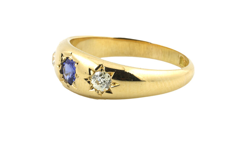 Star Set Blue Sapphire & Diamond 3 Stone Ring 18ct yellow gold Size Q