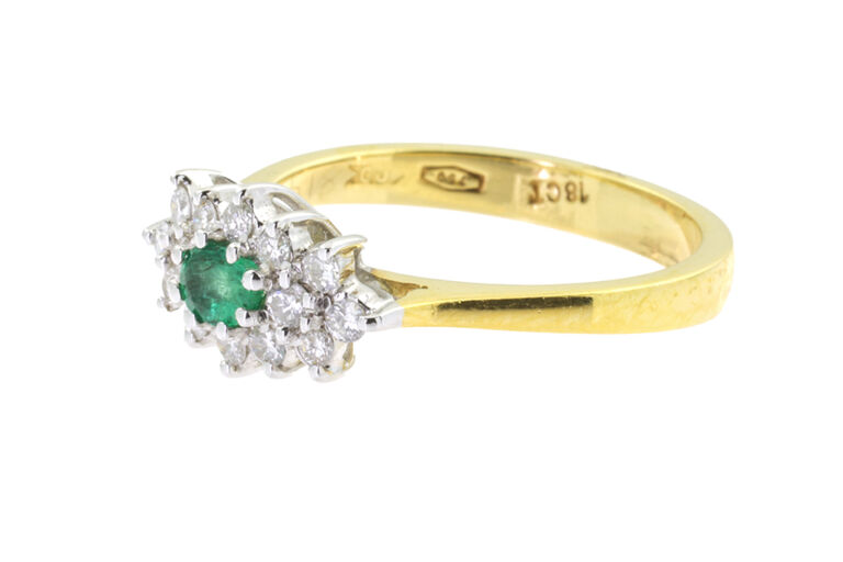 Emerald & Diamond Cluster Ring 18ct gold Size L
