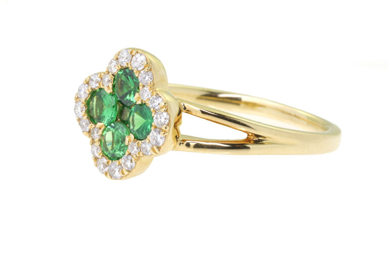 Alhambra Style Tsavorite Garnet & Diamond Cluster Ring 18ct yellow gold, size L.
