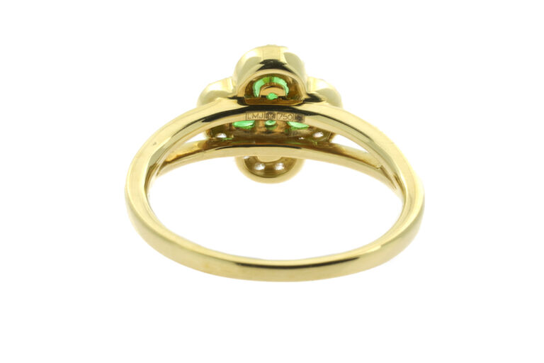 Alhambra Style Tsavorite Garnet & Diamond Cluster Ring 18ct yellow gold, size L.