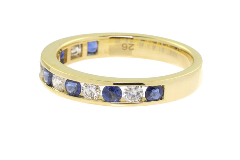 Blue Sapphire & Diamond Half Eternity Ring 18ct yellow gold Size O