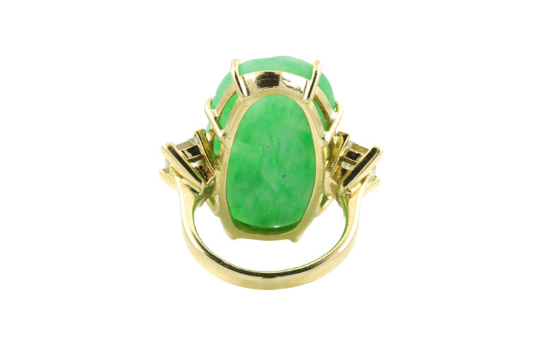 Carved Jade & Diamond 3 Stone Ring 18ct gold size L