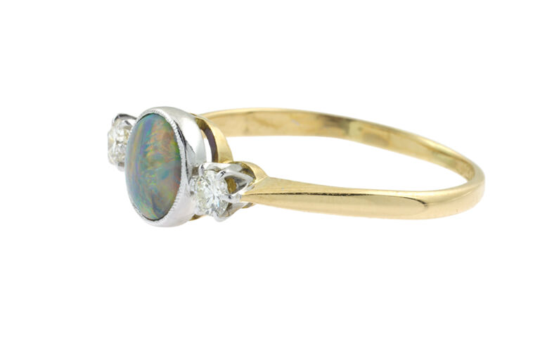 Black Opal & Diamond 3 Stone Ring 18ct & platinum size R