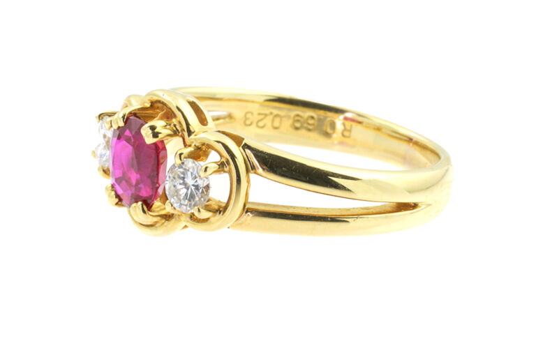 Ruby & Diamond 3 Stone Ring 18ct gold Size L