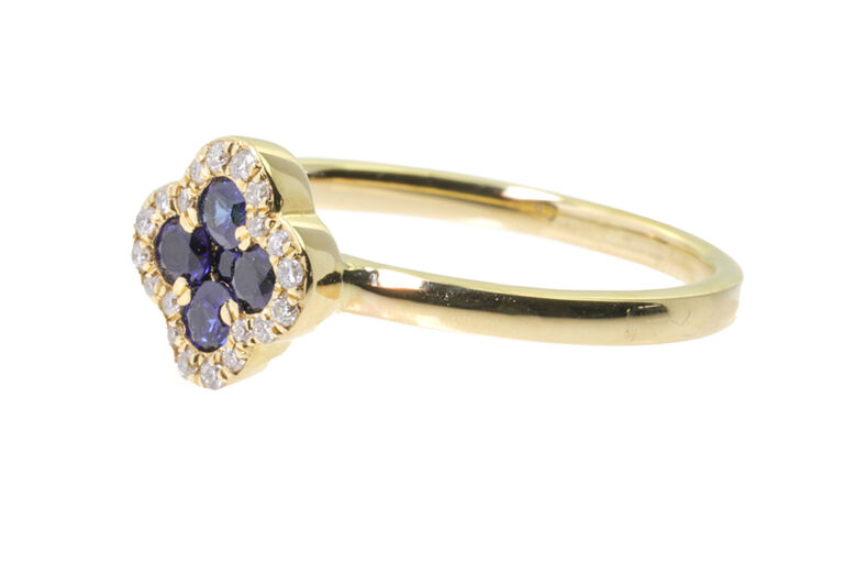 Alhambra Style Blue Sapphire & Diamond Ring 18ct yellow gold Size O