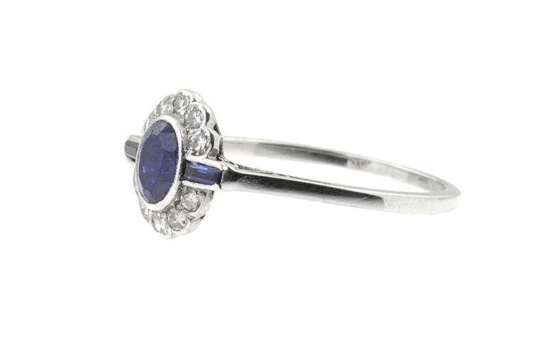 Art Deco Blue Sapphire & Diamond Cluster 18ct & platinum Size P