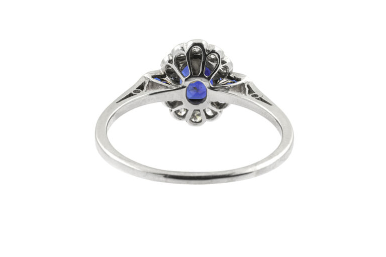 Art Deco Blue Sapphire & Diamond Cluster 18ct & platinum Size P