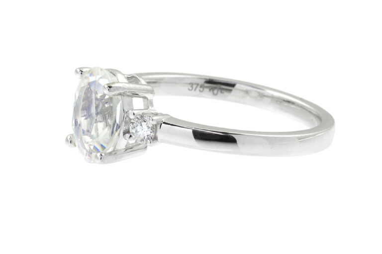 Bespoke Facetted Rainbow Moonstone & Diamond 3 Stone Ring 9ct gold Size N