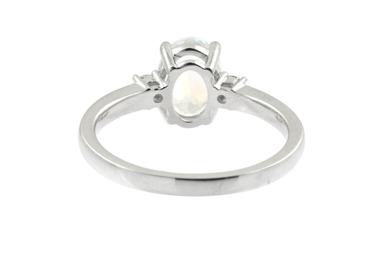 Bespoke Facetted Rainbow Moonstone & Diamond 3 Stone Ring 9ct gold Size N