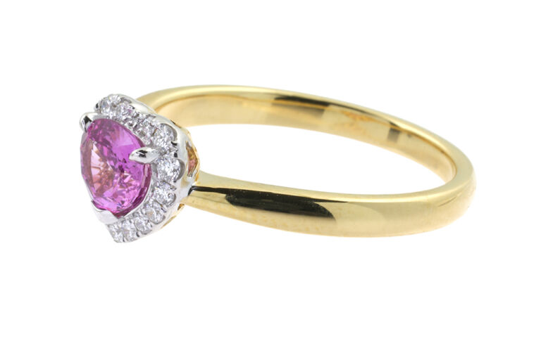 Bespoke Pink Sapphire & Diamond Cluster Ring 18ct gold Size N, Custom made for Studleys Jewellers.