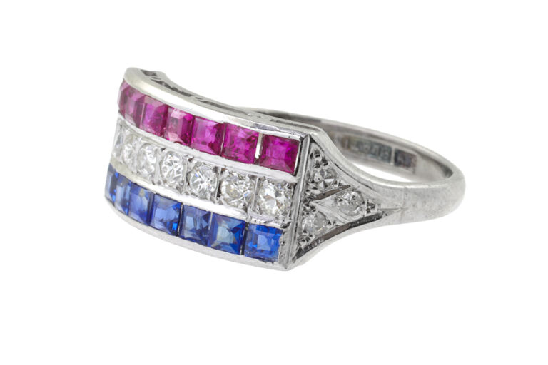 Blue Sapphire, Ruby & Diamond Ring platinum Size K