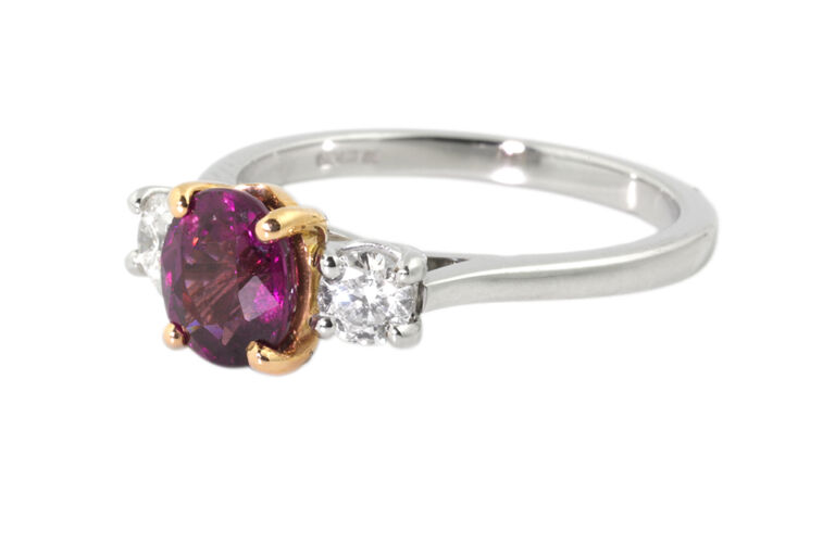 Bespoke Almandine Garnet & Diamond 3 Stone Ring 18ct rose gold 7 Platinum Size N