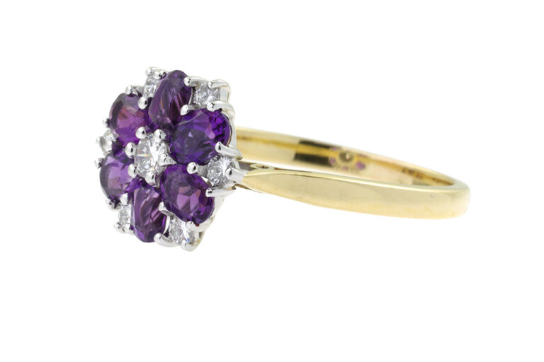 Amethyst & Diamond Cluster Ring 18ct gold Size Q