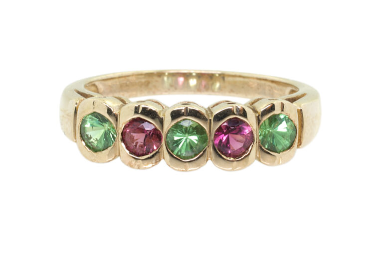 Almandine & Tsavorite Garnet 5 Stone Ring 9ct gold Size N