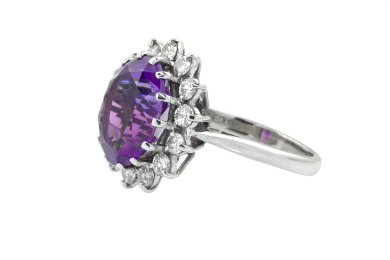 Amethyst & Diamond Cluster Ring 18ct white gold Size: K.