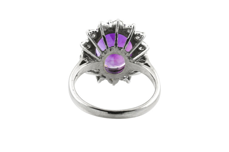 Amethyst & Diamond Cluster Ring 18ct white gold Size: K.