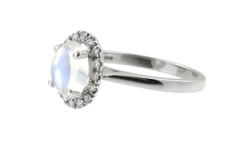 Moonstone & Diamond Cluster Ring Platinum Size Q
