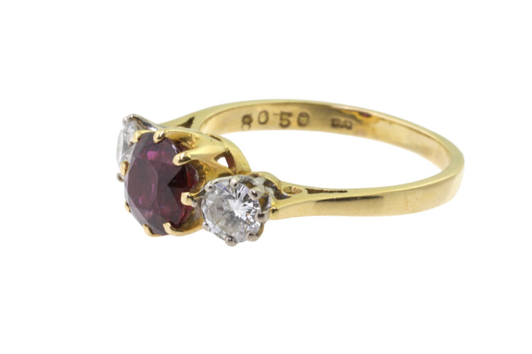 Thai Ruby & Diamond 3 Stone Ring 18ct gold Size k