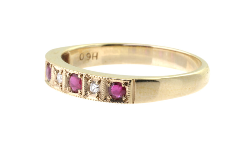 Ruby & Diamond Half Eternity Ring 9ct gold Size N