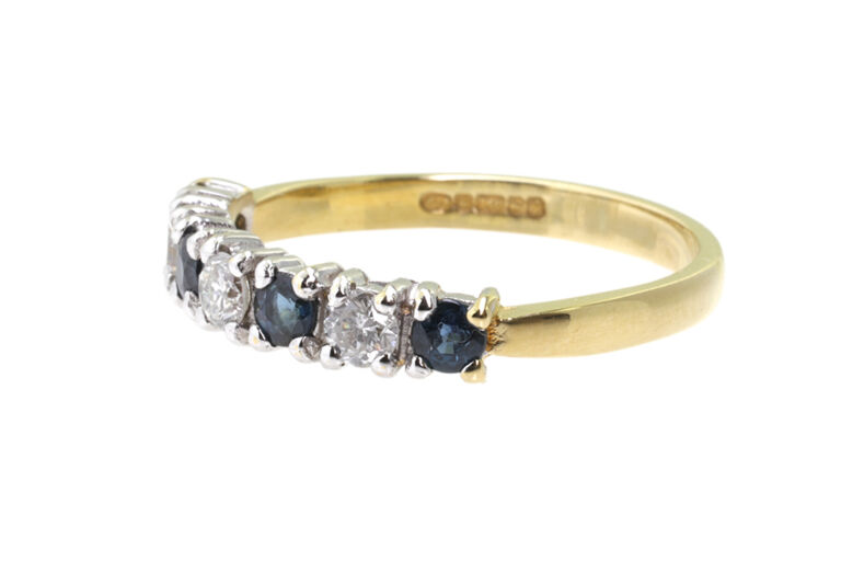 Blue Sapphire & Diamond Half Eternity Ring 18ct gold Size N