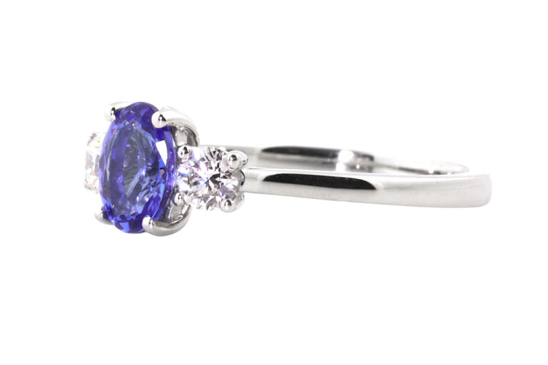 Bespoke Tanzanite & Diamond 3 Stone Ring 18ct white gold Size O.