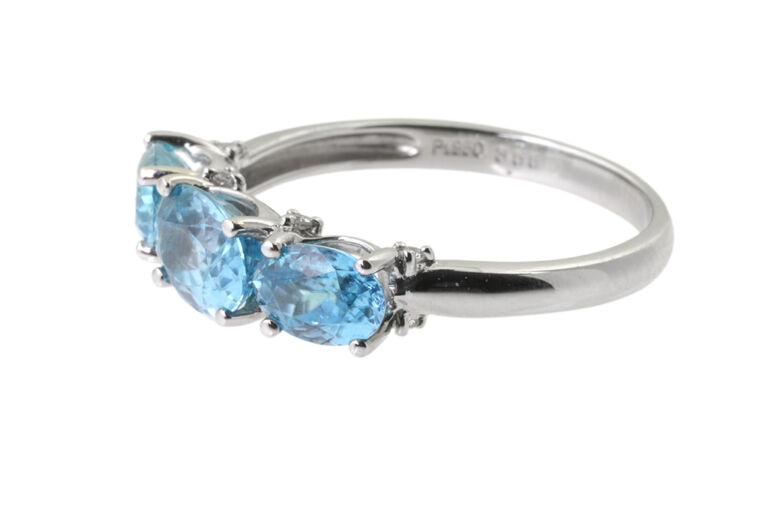 Blue Zircon & Diamond 7 Stone Platinum Ring size P