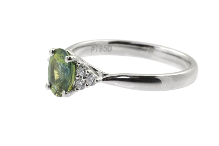 Green Sapphire & Diamond 7 Stone Trefoil Ring platinum Size M.