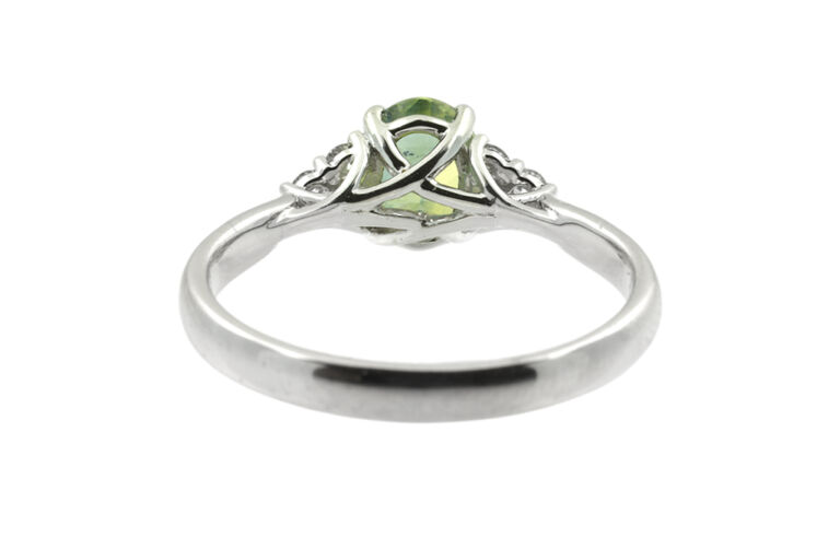 Green Sapphire & Diamond 7 Stone Trefoil Ring platinum Size M.