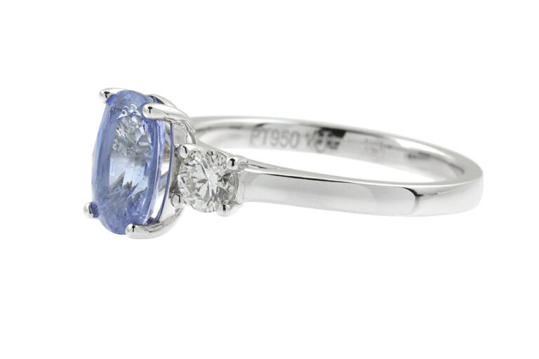 Blue Sapphire & Diamond 3 Stone Ring, platinum. Size: L.