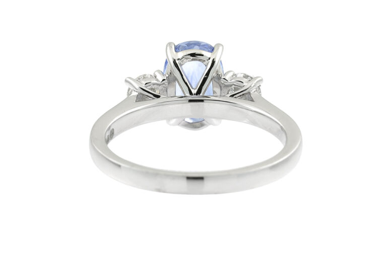 Blue Sapphire & Diamond 3 Stone Ring, platinum. Size: L.