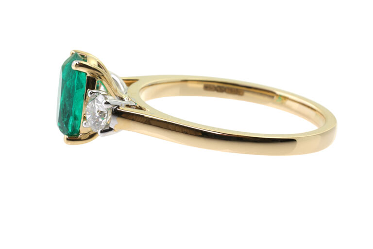 Bespoke AnchorCert Emerald & Diamond 3 Stone Ring 18ct gold Size: M