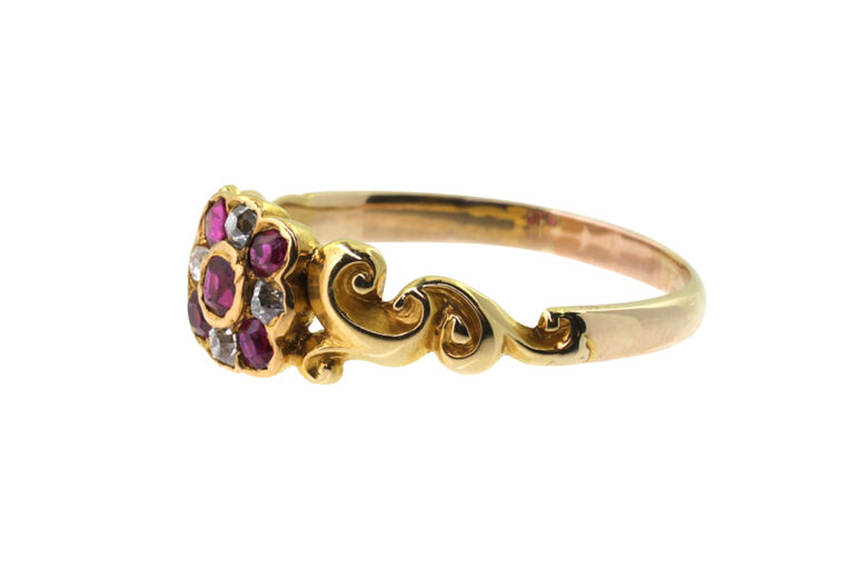 Antique Ruby & Diamond Cluster Ring 18ct yellow gold size :O.