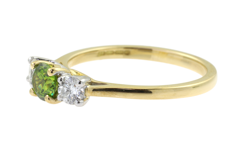 Bespoke Demantoid Garnet & Diamond 3 Stone Ring 18ct gold & platinum Size N