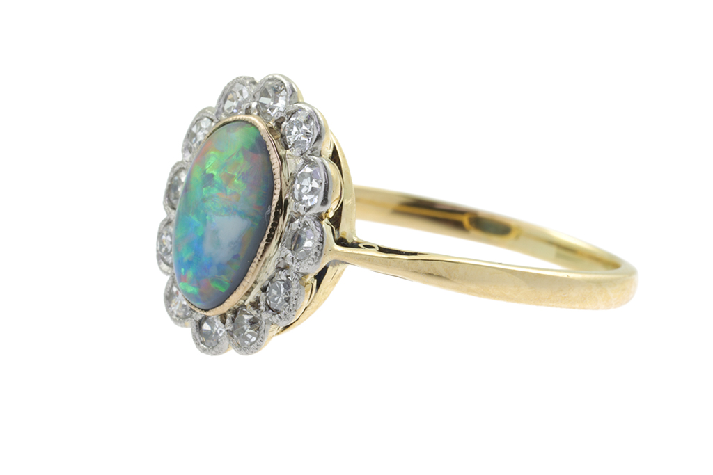 Fine Black Opal & Diamond Cluster Ring 18ct gold & platinum Size N