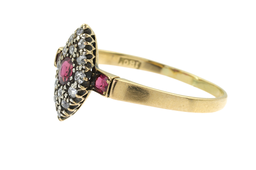 Ruby & Diamond Marquise Cluster Ring 18ct gold Size: W 1/2