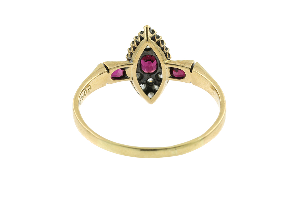 Ruby & Diamond Marquise Cluster Ring 18ct gold Size: W 1/2