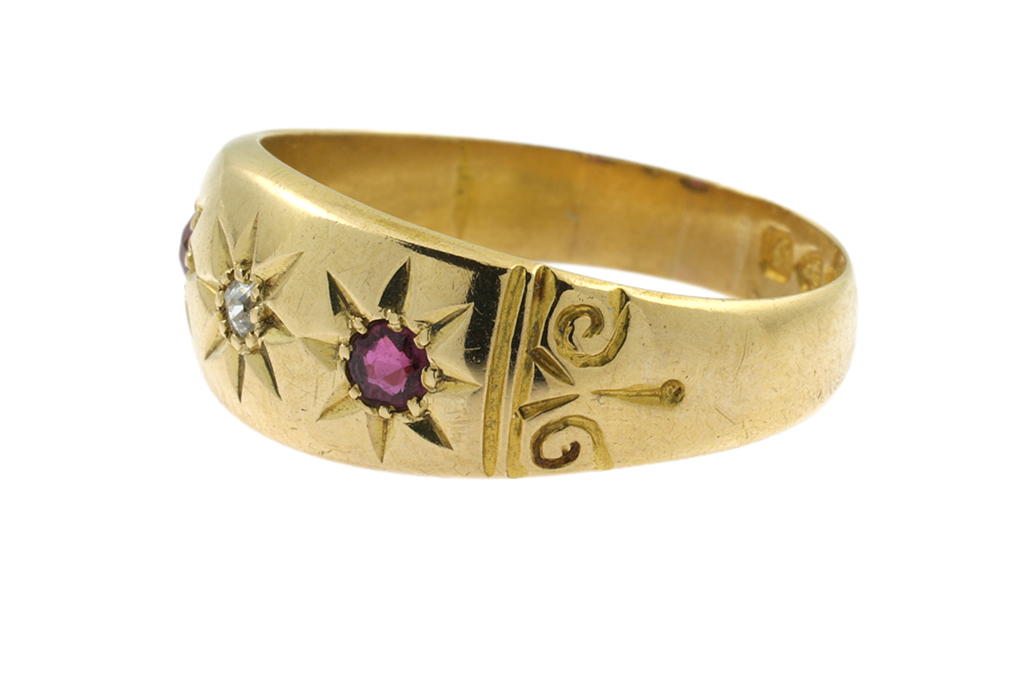Ruby & Diamond 3 Stone Band Ring 18ct gold Size M