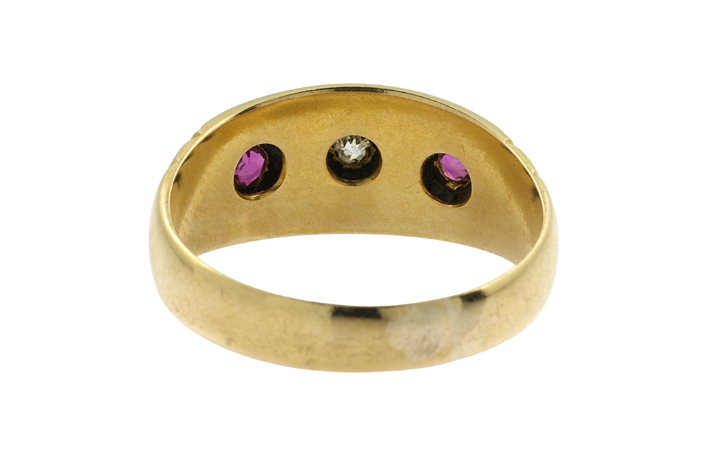 Ruby & Diamond 3 Stone Band Ring 18ct gold Size M