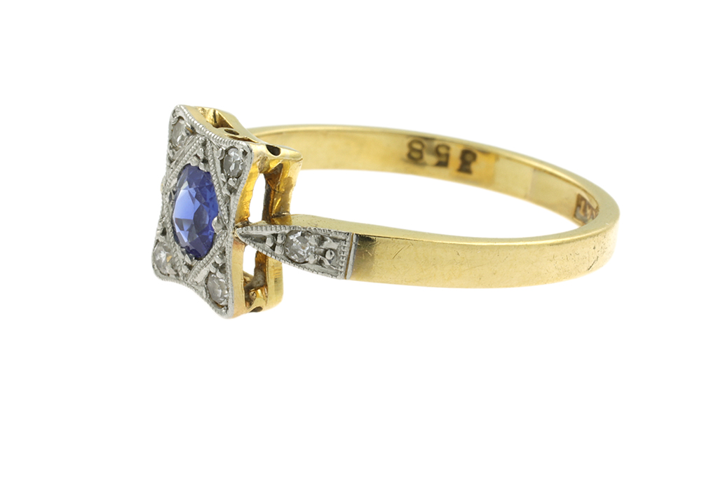 Edwardian Blue Sapphire & Diamond Cluster Ring 18ct gold & platinum Size: L