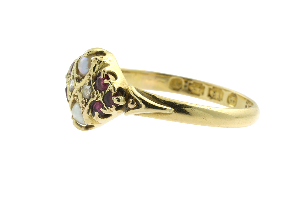 Ruby, Split Pearl & Diamond Ring 18ct gold Size: O.